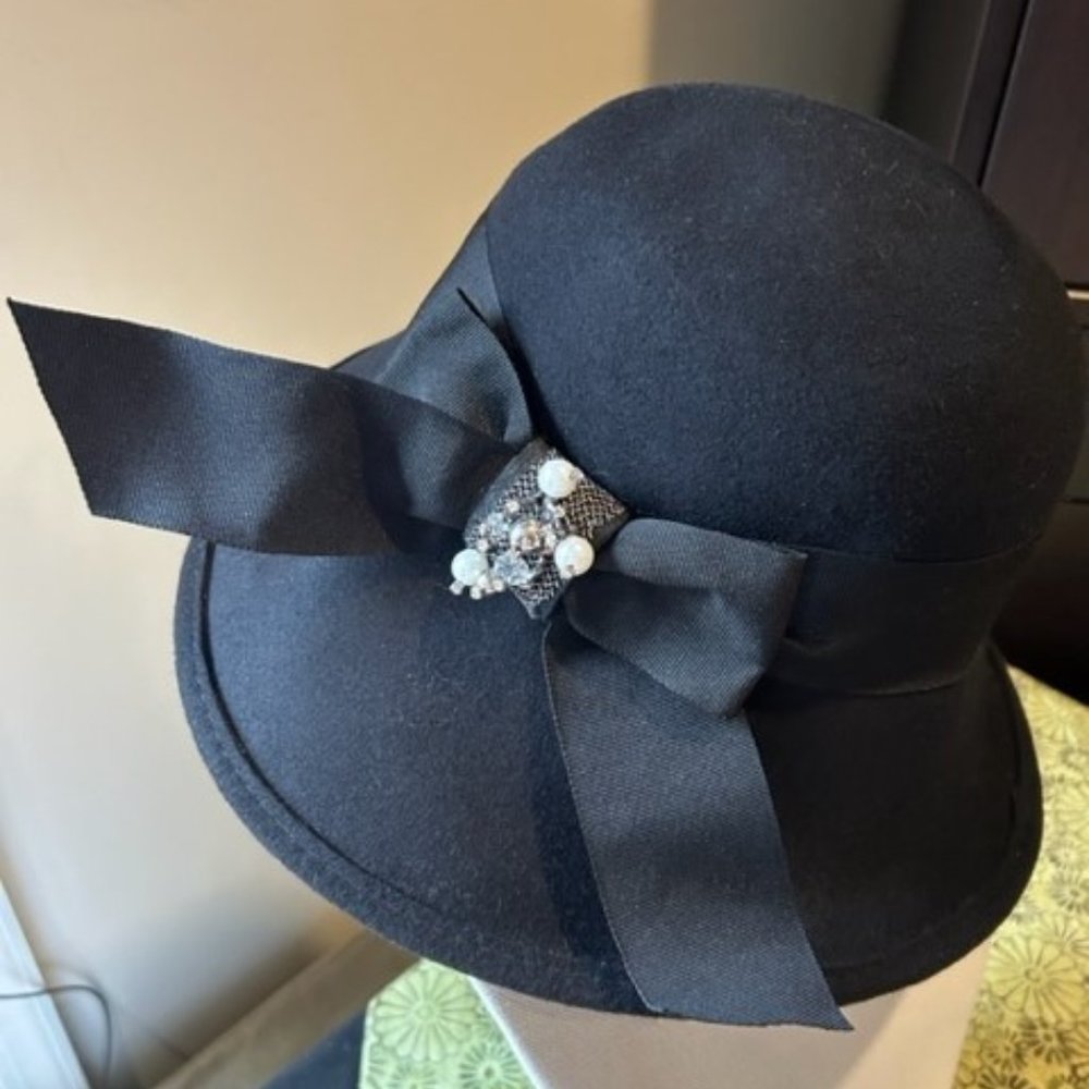 Scala Collezione 100% Black Wool Hat With Decorat… - image 6